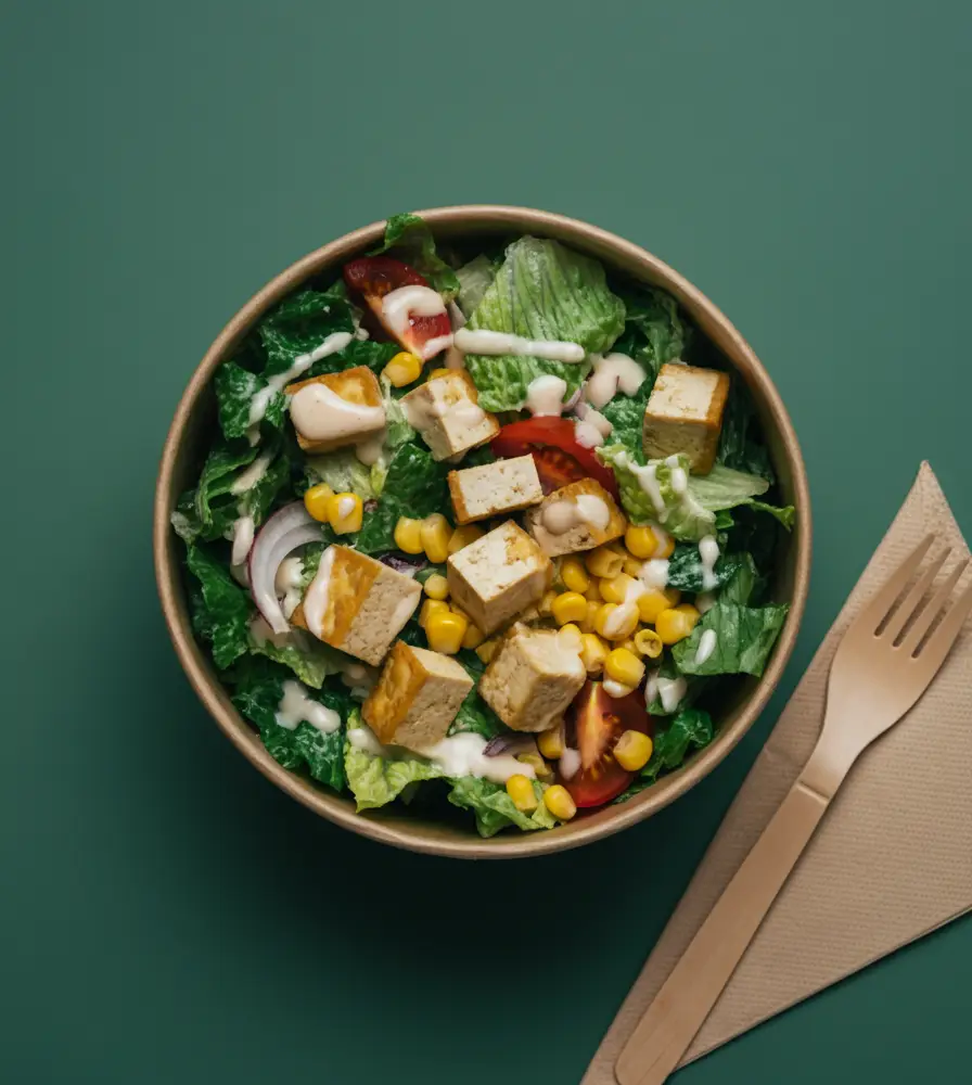 Ensalada césar con tofu crujiente y aliño casero